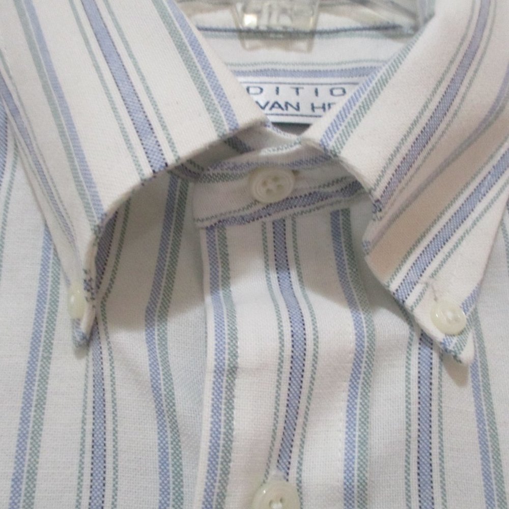 Short Sleeve Button Down Oxford Shirt sz M White Blue Green Stripe - Picture 3 of 11